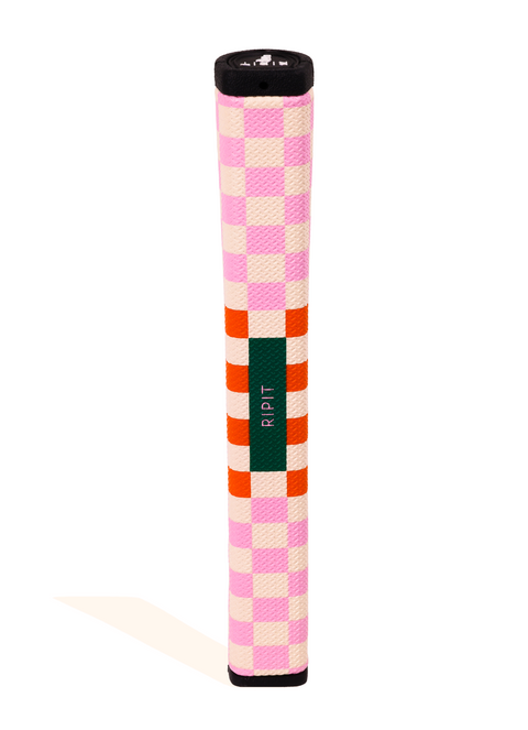 Checkered golf club head cover with 'RIPIT' branding on a white background