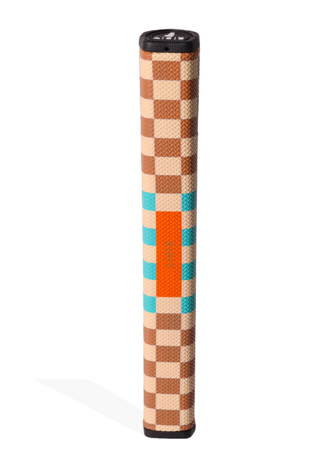 Checkered grip with orange and blue stripes on a white background