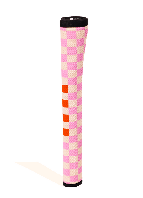 Checkered pink and beige golf club cover on a white background
