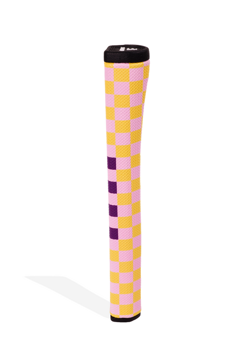 Checkered golf club cover with pink and yellow pattern on a white background