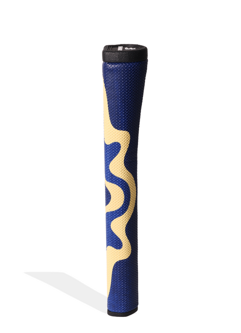 Blue and beige textured golf club grip on a white background
