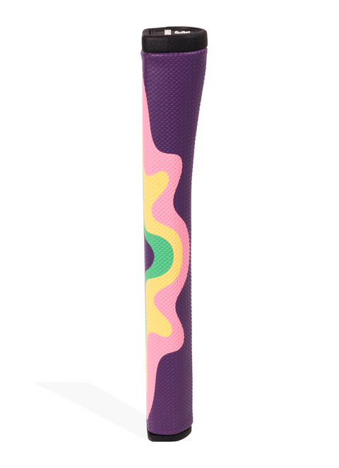 Colorful golf club grip with abstract design on a white background