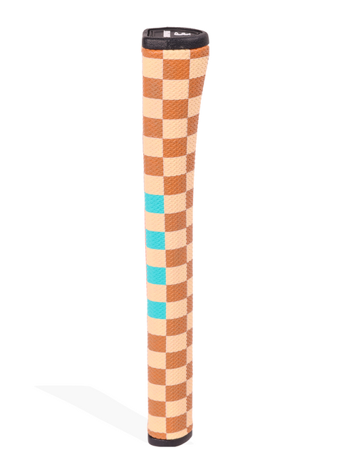 Checkered golf club putter with blue accents on a white background