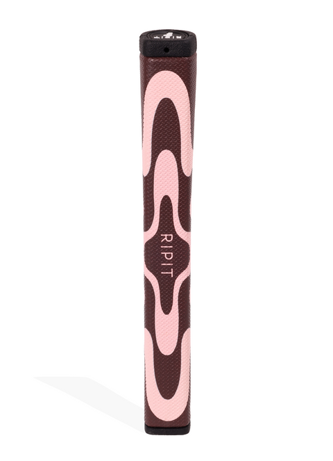 Golf club grip with pink and brown design on a white background