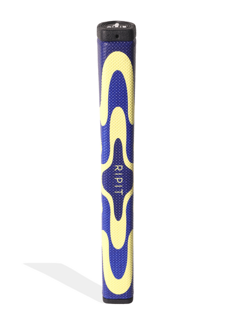 Blue and yellow golf club putter grip with 'Ripit' branding on a white background