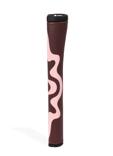 Golf club grip with brown and pink wavy pattern on a white background